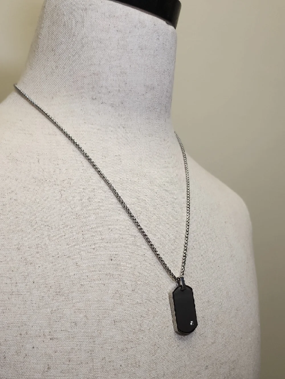 Geoffrey Beene Stainless Steel Dog Tag Pendant Necklace Faux Diamond